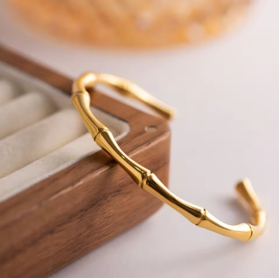 Bamboo Bangle | 18K Gold Plated Adjustable Open Cuff | Ethereal Gems