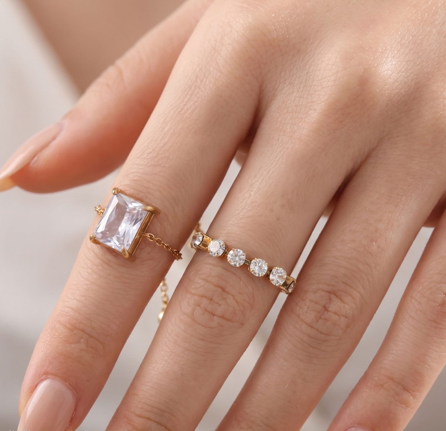 Square Cut Crystal Chain Ring